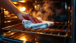 Il trucco dello strofinaccio umido nel forno caldo: come scioglie il grasso incrostato senza fatica